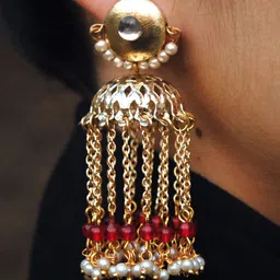 BeAbhika Gold-Plated Dome Shaped Emerald and Pearl Tasselled Jhumkas-picture-20