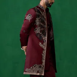 KALPRAAG Leaf Embroidered Mandarin Collar Georgette Indowestern Sherwani Set image 3