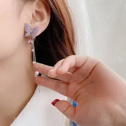 DIVASTRI Korean Gold-Plated Stones Studded And Pearls Beaded Butterfly Drop Earrings image 4