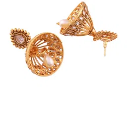 House of Pataudi Gold Plated Stone Studded & Pearls Beaded Antique Jhumka image 5