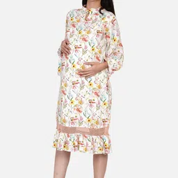 The Kaftan Company Floral Print Puff Sleeve Ruffled Maternity Fit & Flare Midi Dress image 1