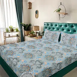 Klotthe Grey Floral 300 TC Cotton Blend Fitted Double Bedsheet in Book Fold Packing-picture-13
