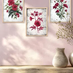 Kotart White & Red 3 Pieces Wooden Floral and Botanical Wall Arts image 5