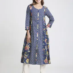 Saffron Threads Women Floral Printed Screen Print Daily Cotton A-Line Kurta-image-59