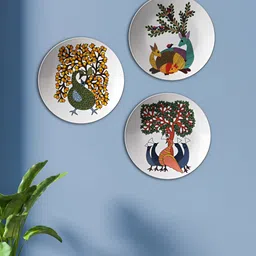 THE QUIRKY HOME Set Of 3 White & Green Printed Ceramic Wall Plates-picture-19