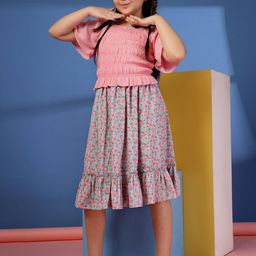 Budding Bees Girls Square Neck Top With Skirt-picture-0