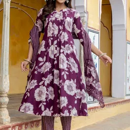 KALINI Women Floral Printed Pleated Pure Cotton Kurta with Trousers & With Dupatta-picture-39