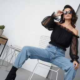 HIGH BUY Off-Shoulder Ruffles Net Top-picture-25