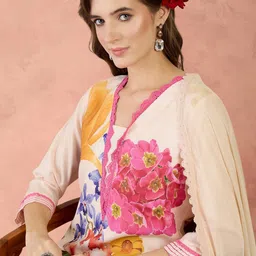 Indo Era Women Floral Printed Regular Linen Kurta with Trousers & With Dupatta-picture-34