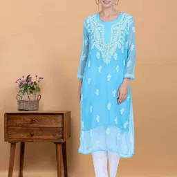 PARAMOUNT CHIKAN Women Ethnic Motifs Embroidered Chikankari Floral Georgette Kurta-picture-10