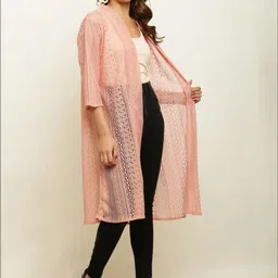 TRIRAJ Women Peach Self Design Shrug image 3