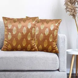 Vinayaka Fab Gold-Toned And Peach 2 Pieces Floral Velvet Square Cushion Covers-image-68