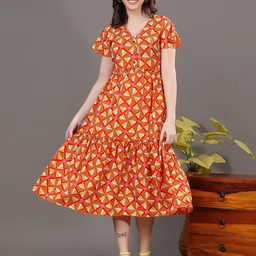 Popwings Women Geometric Printed V-Neck Fit & Flare Midi Dress-image-0