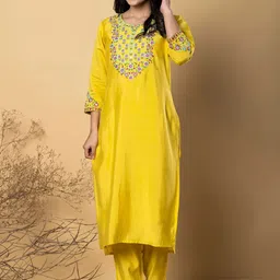 Readiprint Floral Embroidered Mirror Work Straight Kurta with Trousers-picture-27