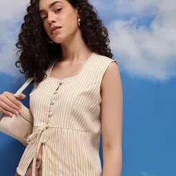 CORSICA Striped Square Neck Lace Inserts Peplum Top with Tie-Up Detail-image-34