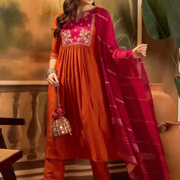 Sangria Floral Yoke Design Notch Neck Sequinned Chinon Silk Kurta With Trousers & Dupatta-picture-10