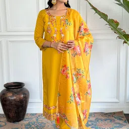 KALINI Women Floral Embroidered Regular Thread Work Kurta with Trousers & With Dupatta image 4