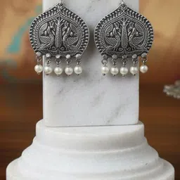 Raghav Silver-Plated White Stone-Studded Pearl-Beaded Leaf Shaped Drop Earrings-image-23