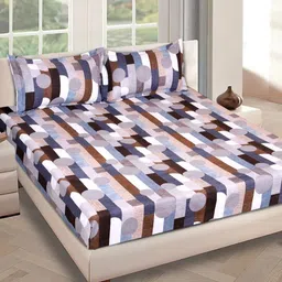 Myntra Elegant Homes Blue & Brown Geometric 210 TC King Bedsheet with 2 Pillow Covers image 1