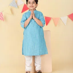 Fabindia Boys Checked Band Collar Straight Cotton Kurta-picture-24