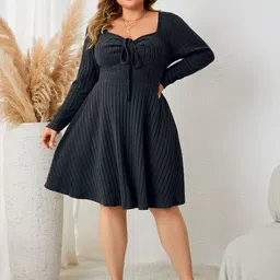 Sztori Women Plus Size Tie-Up Neck Fit & Flare knit Dress-picture-20