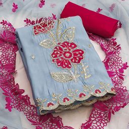 SHADOW & SAINING Floral Embroidered Sequinned Pure Silk Semi-Stitched Dress Material-picture-33