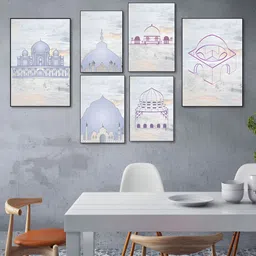 nestroots Blue & White 6 Pieces Islamic Tomb Printed Religious Canvas Wall Art image 1