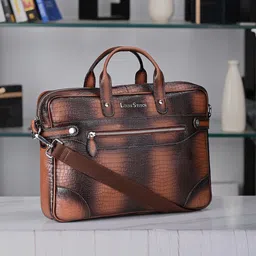 LOUIS STITCH 
Men Textured Leather Dual Tone Laptop Bag-image-81
