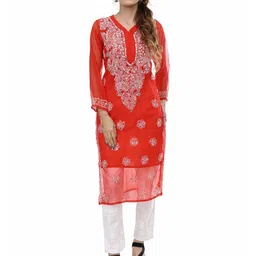 BEAUTY CHIKAN HANDICRAFTS Women Floral Embroidered Straight Calf Length Georgette Kurta-image-52