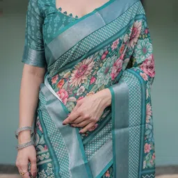 MAHARANI COUTURE Floral Printed Zari Pure Linen Saree with Unstitched Blouse-picture-12