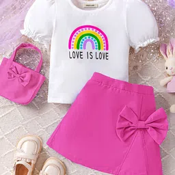 INCLUD Girls Rainbow Printed Puff Sleeves T-shirt With Skirt-image-30