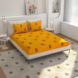 NEW TOWN Mustard & Black Floral 210 TC Queen Bedsheet with 2 Pillow Covers-image-64