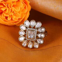 SALONI FASHION JEWELLERY Gold-Plated Stone-Studded Adjustable Finger Ring-picture-7