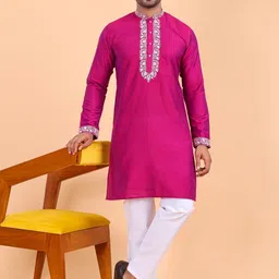 W & G Men Floral Yoke Design Straight Pure Silk Kurta with Trousers-picture-42