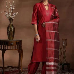 Libas Thread Work V Neck Straight Kurta with Salwar & Dupatta-image-25