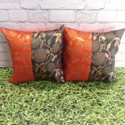 Pink Parrot Gold-Toned & Orange 2 Pieces Ethnic Motifs Jacquard Silk Square Cushion Covers-image-98