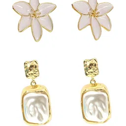 KRENOZ Set Of 2 Gold-Plated Artificial Stones Studded Floral Studs image 4