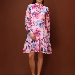 PURVAJA Floral Printed Tie-Up Neck Bishop Sleeves Georgette Fit & Flare Dress-picture-23