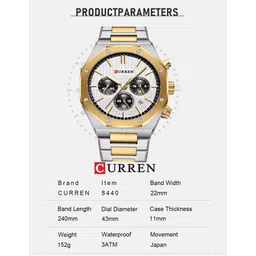 Curren Men Dial & Stainless Steel Bracelet Style Straps Analogue Multi Function Watch CR-8440_WHITE-GOLD image 3