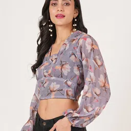 U&F Floral Print Puff Sleeve Georgette Wrap Crop Top image 4