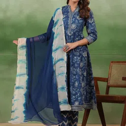 Sangria Blue Floral Printed Mandarin Collar Pure Cotton Kurta With Trousers And Dupatta-picture-7