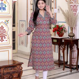 Jevi Prints Ethnic Motifs Printed V-Neck Pure Cotton Straight Kurta-picture-10