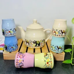 llaxmi creation Pack of 7 Ceramic Elephant and camel multicolour Design Tea Cup Set With Kettle image 2