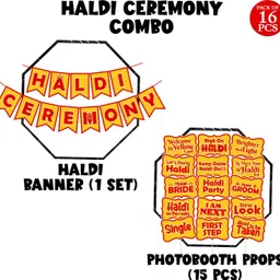 zyozi 15 Pcs Haldi Props for Bride and Family 1 Pcs Haldi Ceremony Banner Mehandi Photo Booth Board image 2