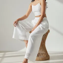 sain bazaar Women Relaxed White Pure Cotton Trousers image 3