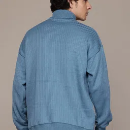 roadster Men Striped Turtle Neck Blue Sweater image 2