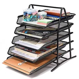 SOLDTRUE Countertop 5 Tier Mesh Metal Desk Organiser File Rack Letter Tray A4 Papers Documents Holder Desk Organizer For Office-Black, Sliding Shelf image 1
