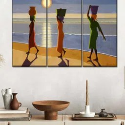 POSTERS AND TRUSS Brown & Blue 3 Pieces By The Beach Painting Wall Art-image-4