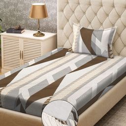 KLOTTHE Grey & White Geometric Printed 300TC Fitted Single Bedsheet & Pillow Covers-picture-18