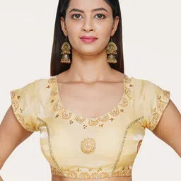 Trendzmy Gold-Coloured Embroidered Pure Silk Saree Blouse-image-5
